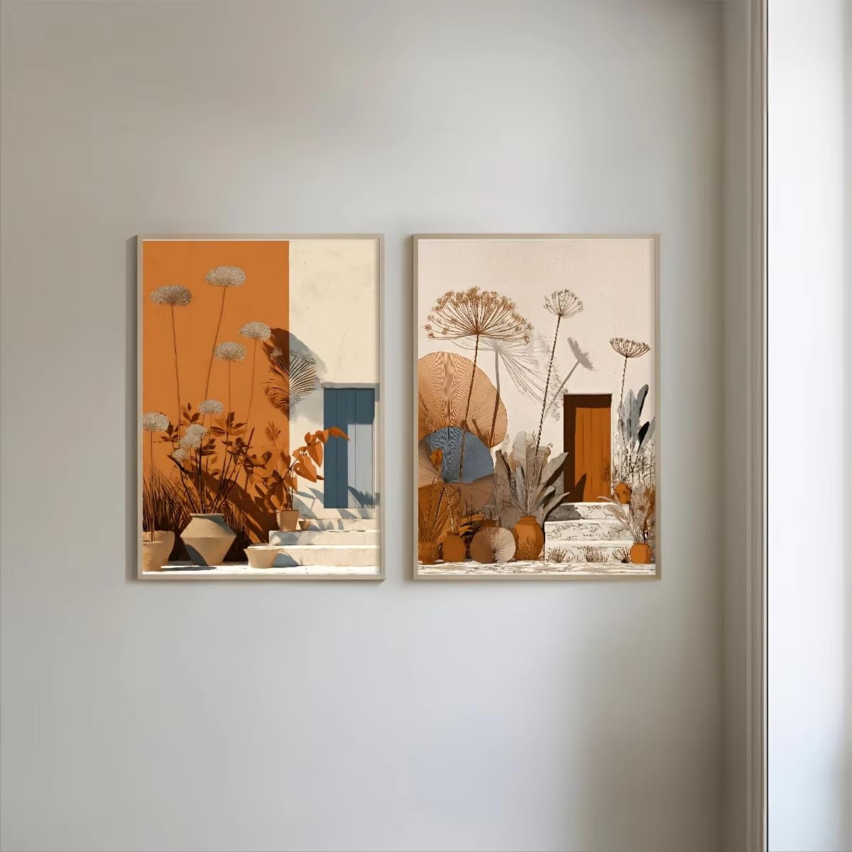 LTjiajuypd Set di quadri da parete in terracotta con soggetto botanico, stile mediterraneo minimalista, illustrazione di paesaggio naturale dai toni caldi (70x100 cm - 2 pezzi)