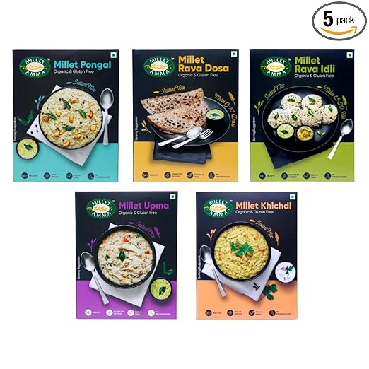 Millet Amma Organic Millet Breakfast Mix Combo | Pack of 5 | Pongal Mix + Khichdi Mix + Rava Upma Mix + Rava Idli Mix + Rava Dosa Mix | 250gm Each | Ready to Cook Instant Millet Breakfast Mix