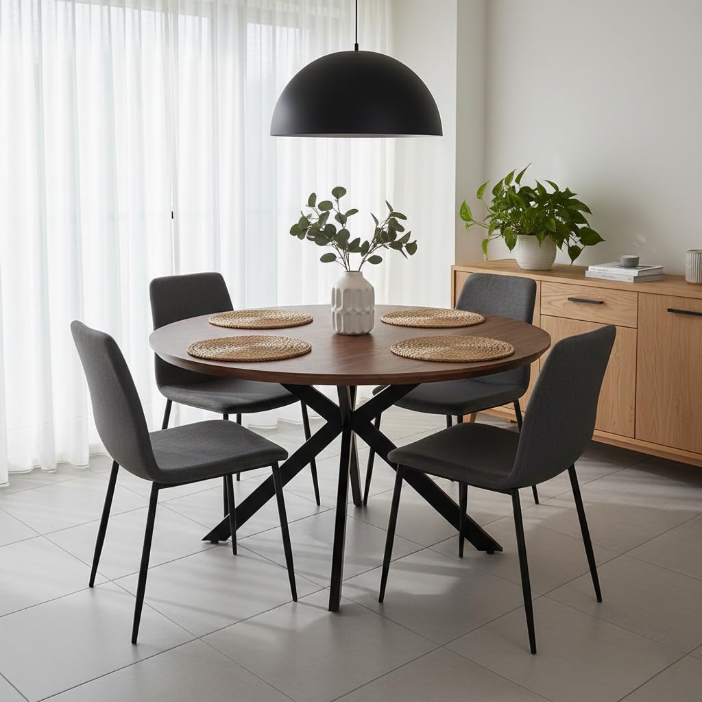 Brigros Tavolo Rotondo da Pranzo, Noce, 140 cm | Legno o Effetto Marmo, Gambe in Metallo Nero Opaco, Moderno, Per Cucina o Sala da Pranzo