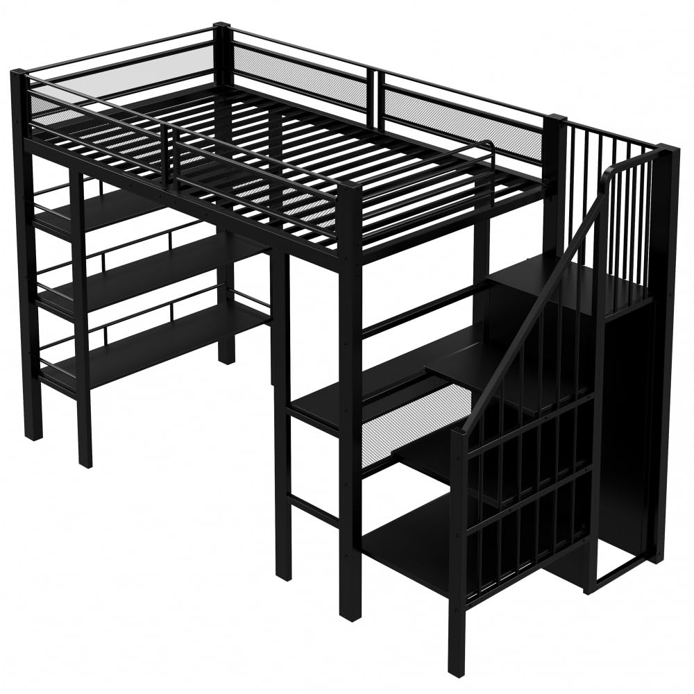 Cama alta de 90 x 200 cm con tira luminosa LED y toma de corriente, cama de hierro forjado con compartimento de almacenamiento y librería, cama individual de metal multifuncional, sin colchón