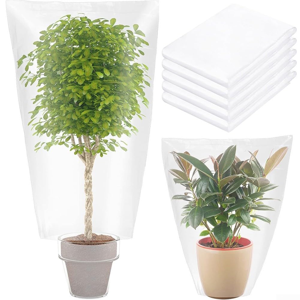 5 Pack Winter Plant Covers Freeze Protection- Clear Plastic Film Shelter Bags for Outdoor Garden- Waterproof Frost Guard Against Rain Snow Ice for Trees Shrubs(50 * 60CM)