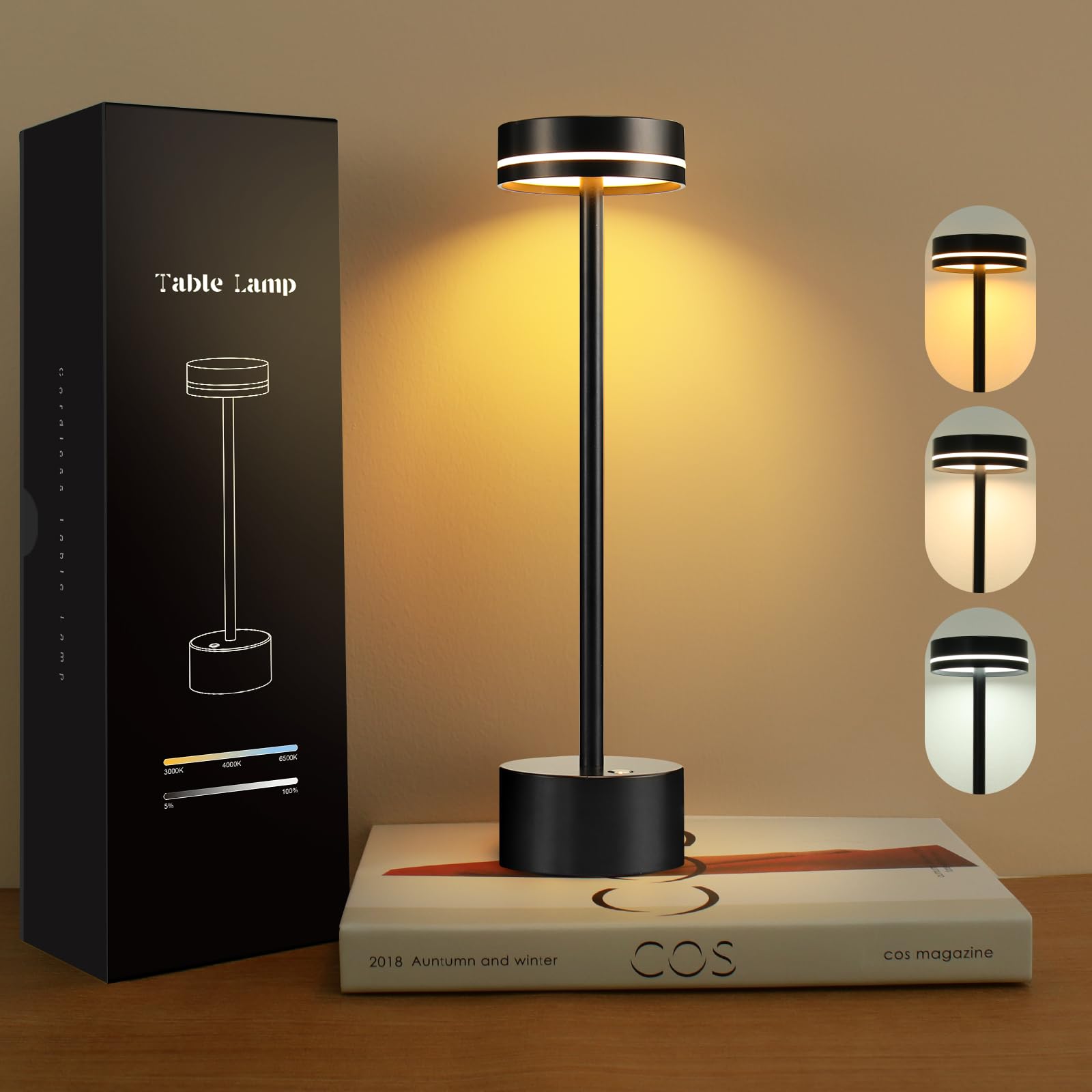 VKH Lampada da comodino LED senza fili in metallo Nera, 3 modalità di luce, touch e ricarica USB-C, lampada da tavolo moderna per camera da letto, soggiorno, ufficio o tavolo da pranzo