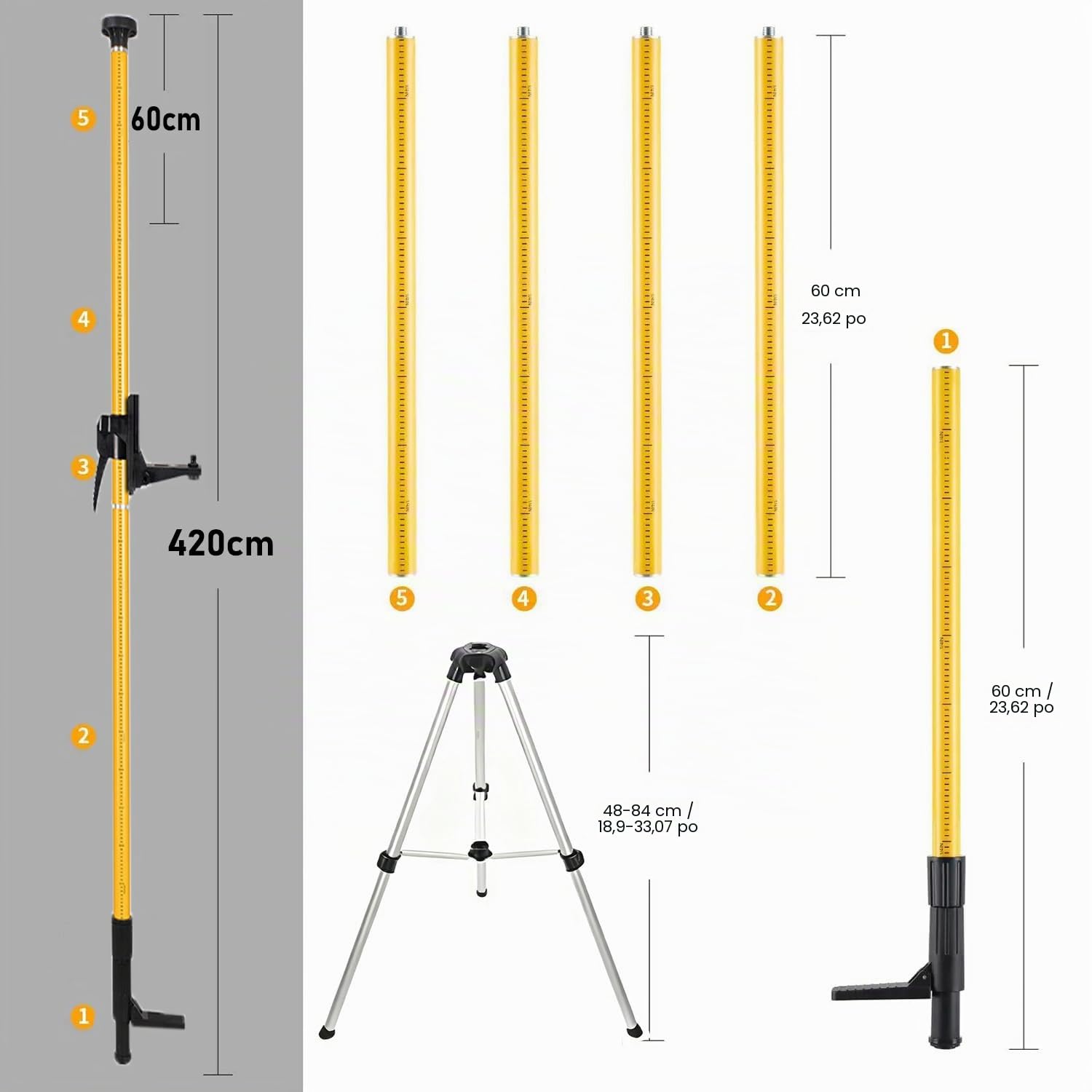 Trepied Niveau Laser，Tige Telescopique Niveau Laser de 4.2 m avec Trépied, Support de Niveau Laser pour Lasers Rotatifs et Lasers, Support Laser 1/4“ x 20” et Adaptateur Fileté 5/8"-11 (4.2m)