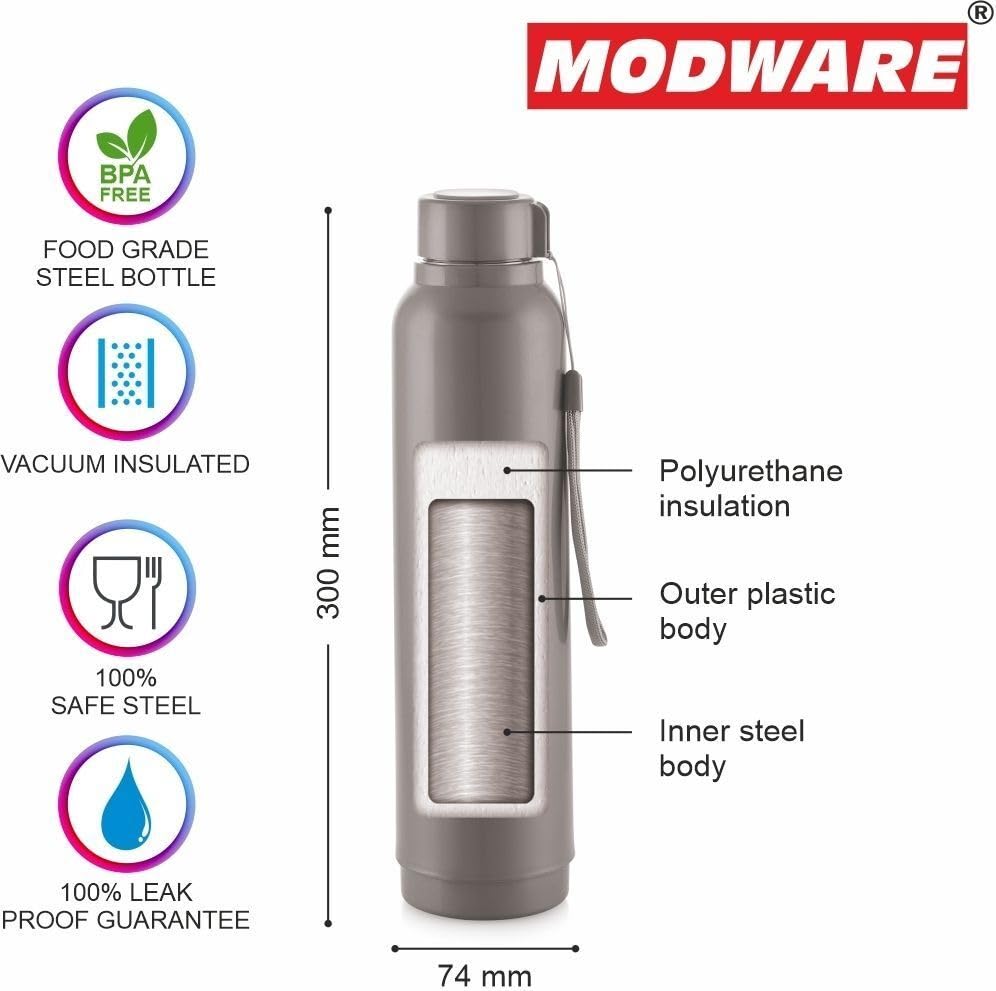 Image of Modware Hydra 1000 Vacuum Insulated Bottle | 750ml | Hot & Cold | Outer Plastic, Inner Stainless Steel | Easy Carry Wrist Belt | for Office, School, College (Grey)