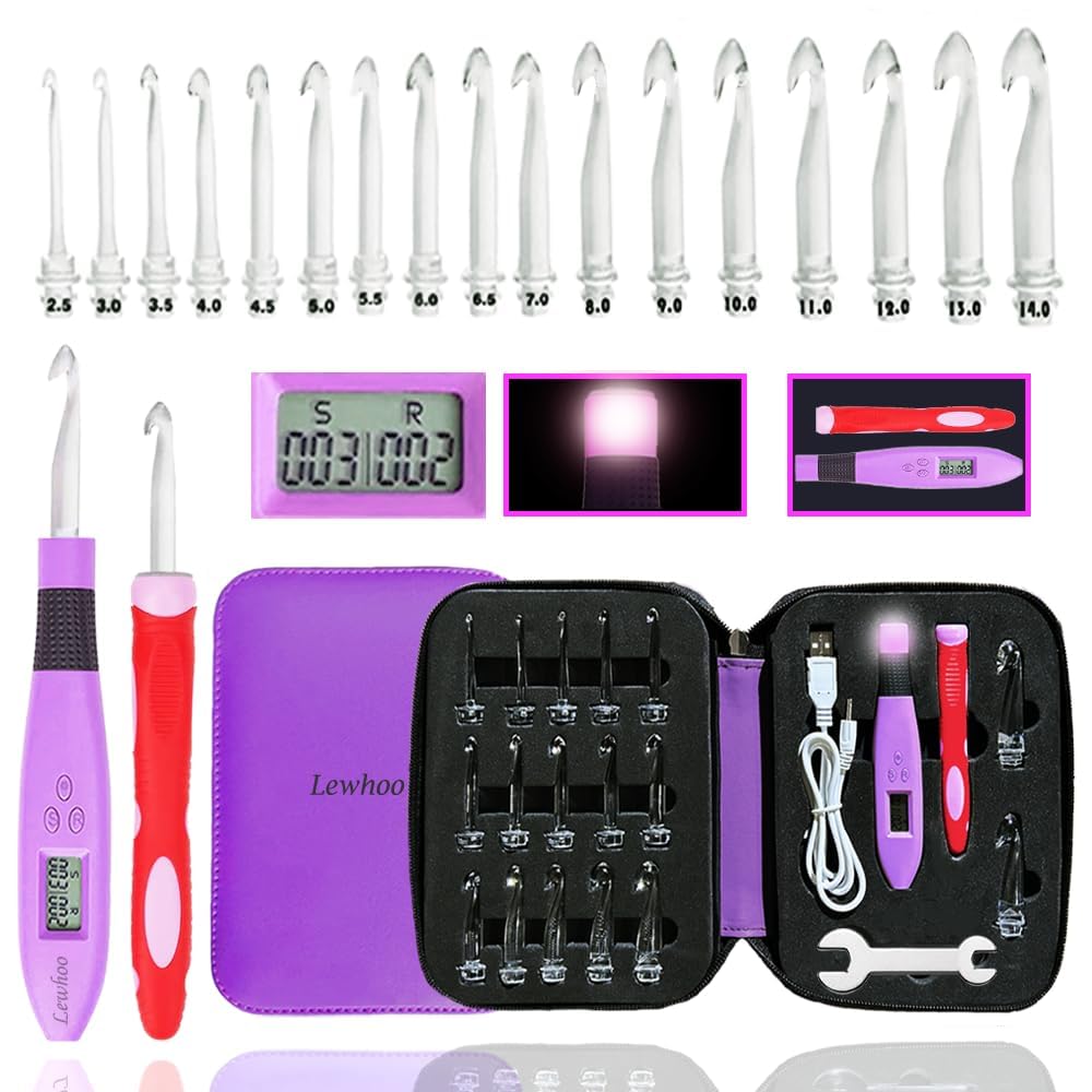 Lewhoo 17 Sizes Digital Crochet Hooks with Counter 2.50~14.0mm, Lighted Crochet Hooks for Stitch & Row Counting