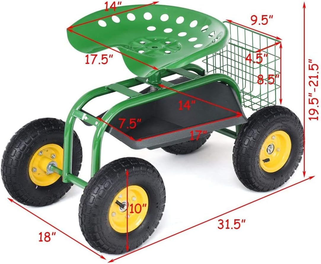 S AFSTAR Rolling Garden Seat, Outdoor Lawn Yard Patio Work Seat with Heavy Duty Wheels, Swivel Seat, Tool Tray & Basket, Garden Cart Wagon Scooter (Green)