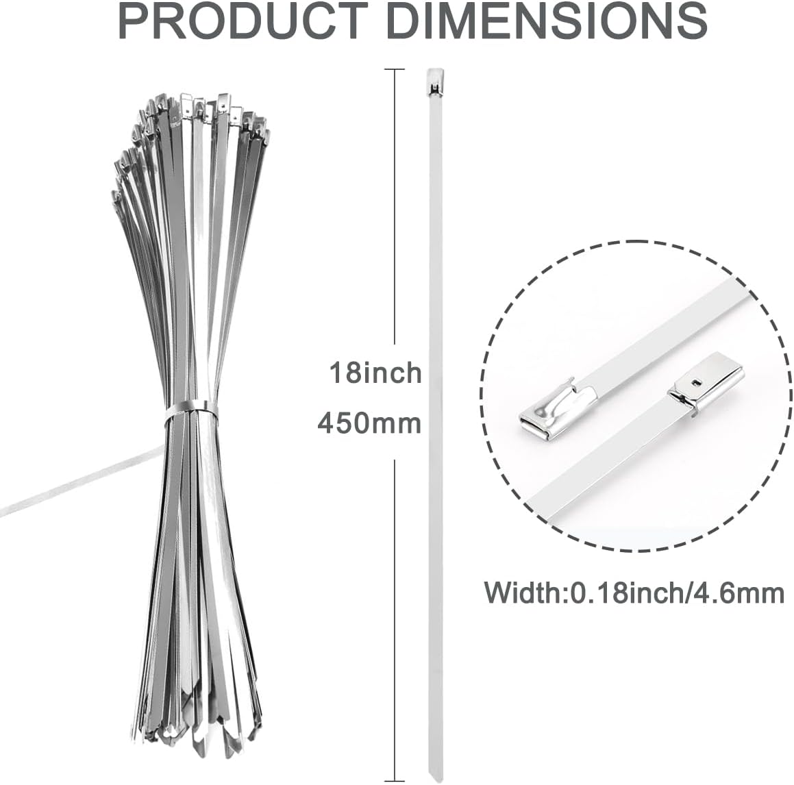304 Stainless Steel Zip Ties Heavy Duty Metal Wire Ties, 18 inch, 20PCS, Multi Purpose Self Locking Cable Ties for Outdoor & Workshop Use