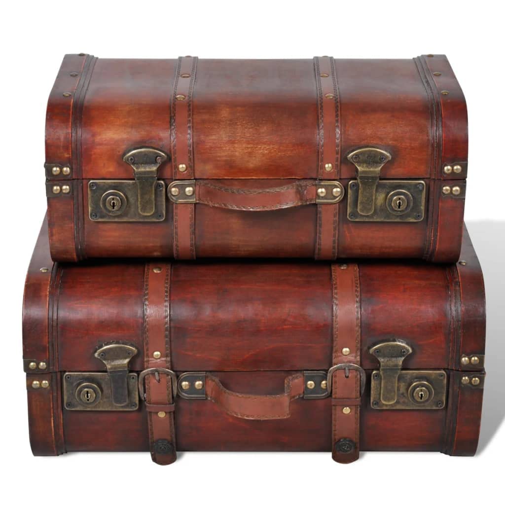 Juego de 2 baúles de madera marrón estilo retro cofre del tesoro decorativo con dos pestillos y asa para ropa, ropa de cama, libros