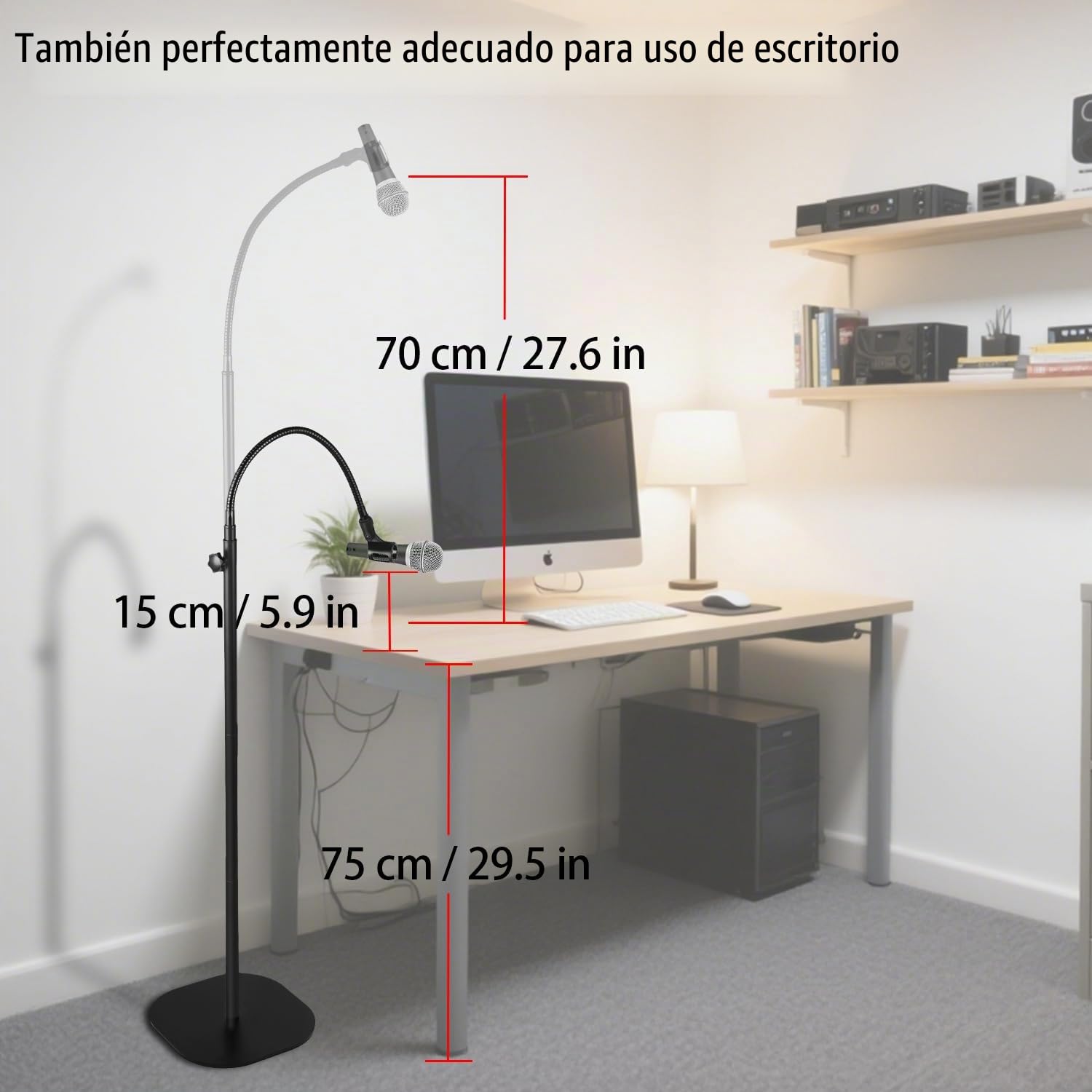 Pie de Microfono de Cuello de Cisne - Soporte de Suelo para Canto, Podcast | Base de 3 kg Antivuelco. Altura Ajustable 90-167cm. 2 Pinzas Micro, Adaptadores 5/8" & 1/4". Para Blue Yeti, Q2U, Fifine AM8