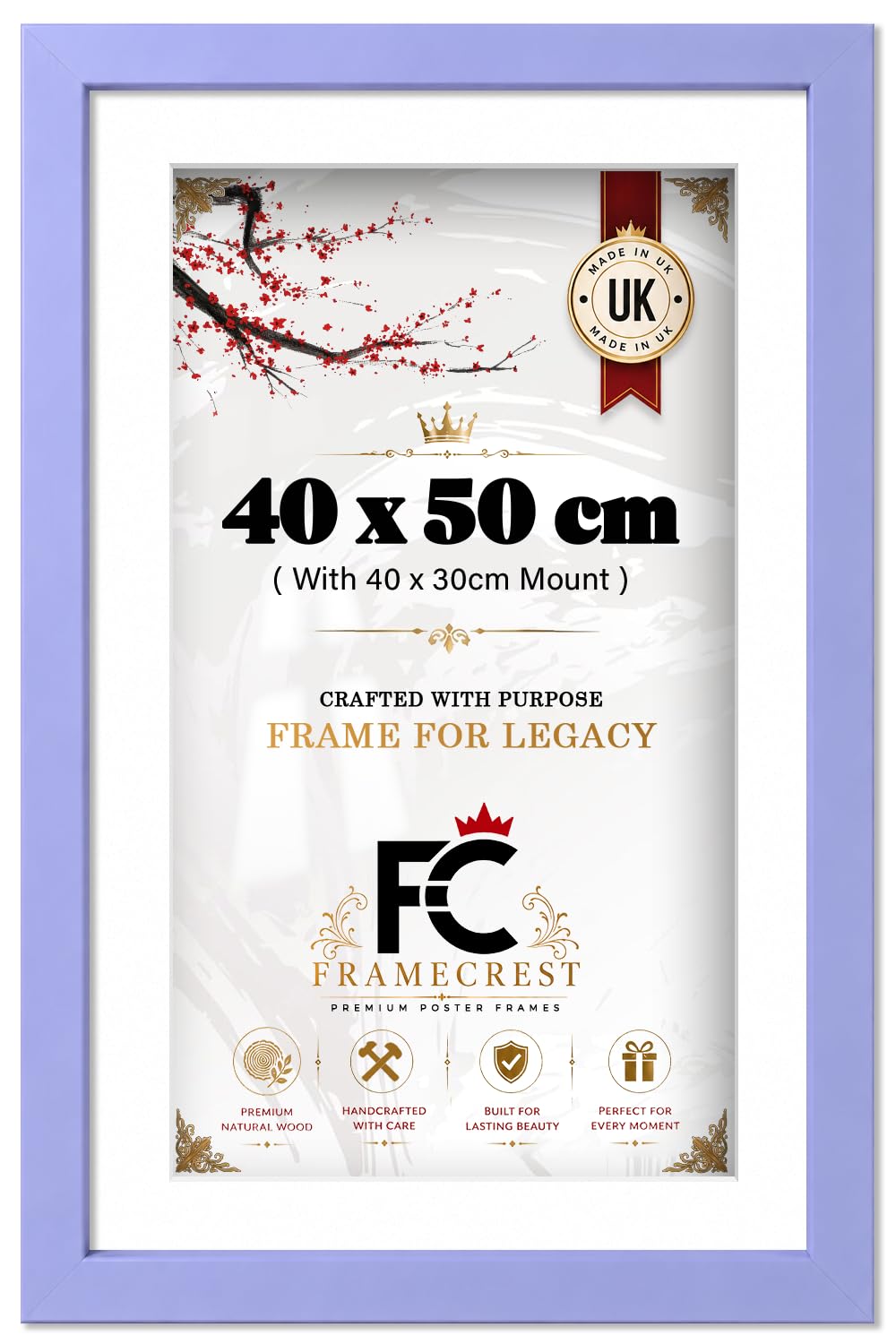 FRAMECREST LTD 40 X 50 CM Picture Frame With White Engineered Wood Finish And 40 X 30 CM White Mount For Prints, Large Rectangular Poster Frame For Gallery Wall Or Office Display - [Purple]