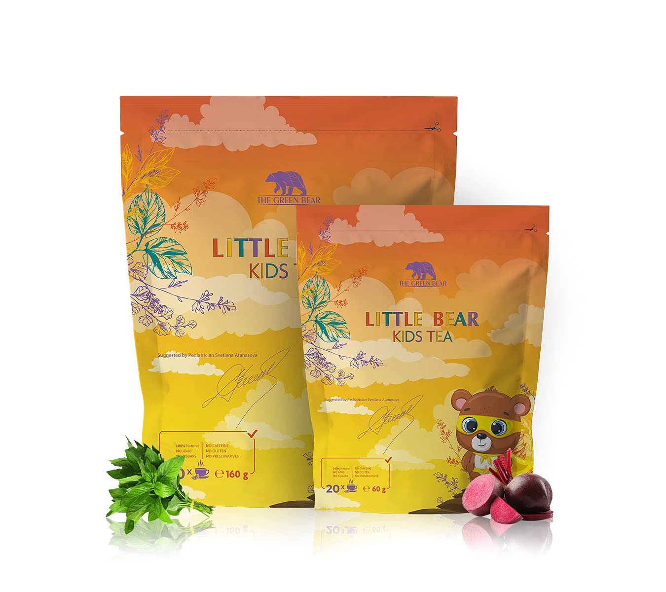 The Green Bear Baby Tea Baby Fenchel Tee mit natürlichen Rote Beete & Kamille Tee Blätter – Antioxidantireicher Kräutertee Zucker und koffeinfreier Tee – Gesunder Tee für Babys – 1 Pkg = 20 Dosen