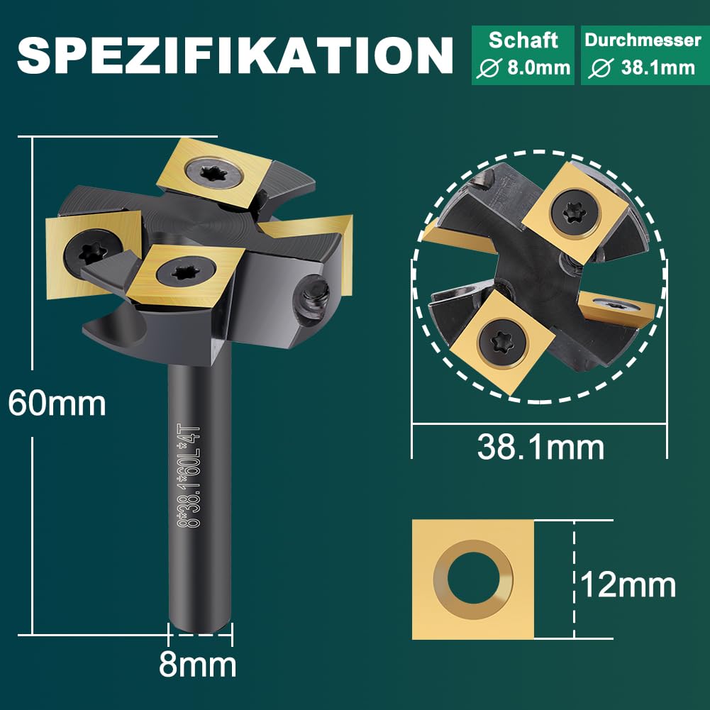 Planfräser 8mm Schaft Nutfräsen 38,1 mm Schnittdurchmesser Planfräser für Oberfräse CNC Holz Fräser mit 4 TiN-besch Hartmetallmessern 12 x 12 mm