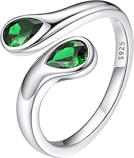 Bestyle Silver Birthstone Ring for Women, Dainty Sterling Silver Teardrop Ring Open Adjustable Band Ring, Love Statement T...