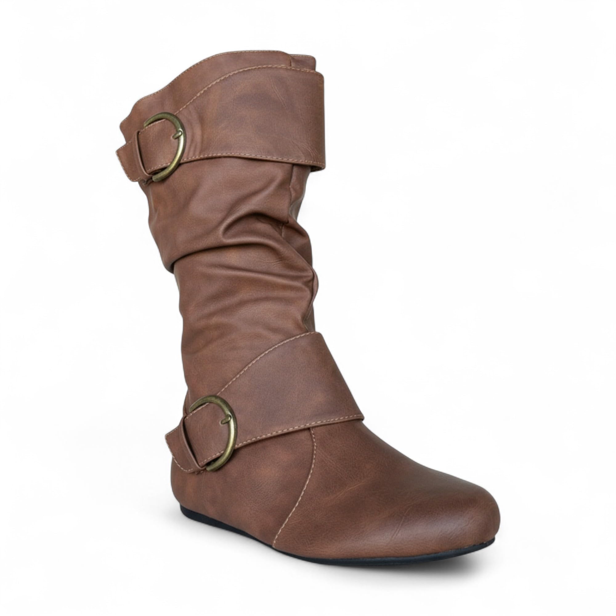 ABSOLEX Women Round Toe Buckle w Side Zip Slouch Flat to Low Heel Mid-Calf Boots
