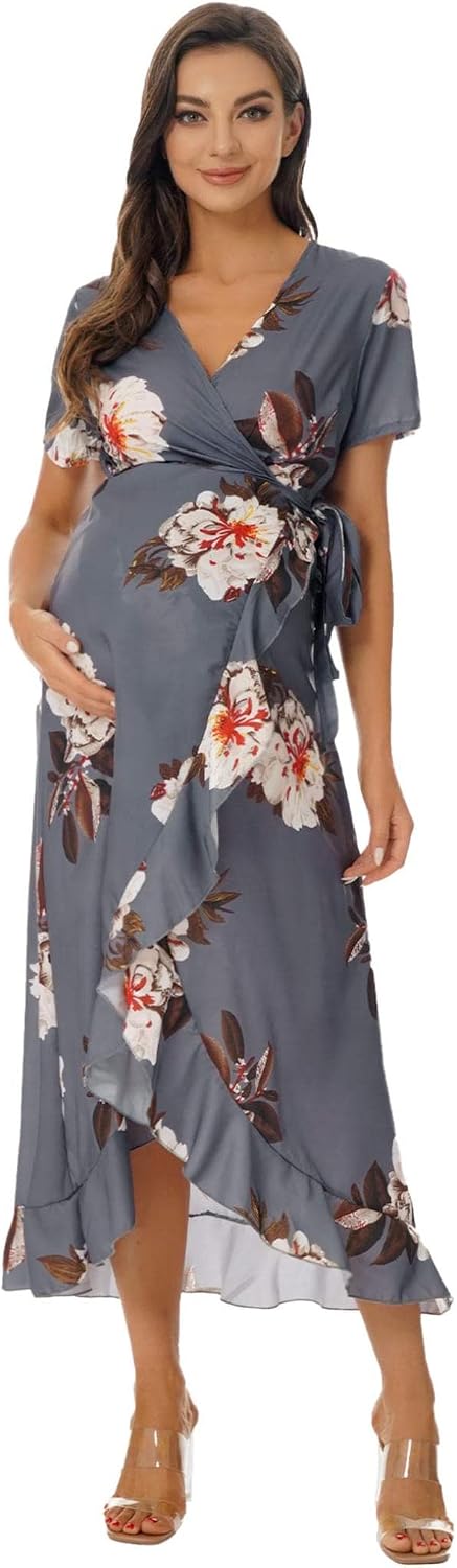 ACSUSS Women Bohemian Dress V-Neck Ruffled Wrap Maxi Dress for Maternity Photography Baby Shower