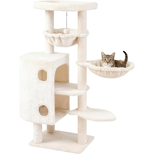 45in Cat Tree Tower with Big Condo for Indoor Cats,Cat Tower with Scratching Post,Scratching Board and Cat Toys,Multi-Level,Small Space,Transformer Cat Tree (Beige+)