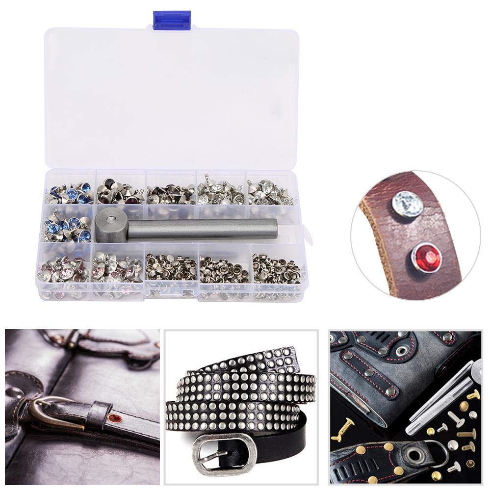 HEEPDD 200 Stück Diamant Nieten Set, 4 Farben Punk Doppelseitige Dekor Kristall Nieten Schnelle Leder Basteln Nieten mit Werkzeugkasten für Ledergürtel Schmuck Schuhe, 10 MM