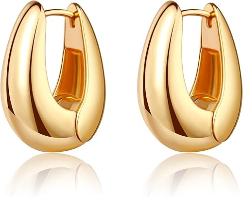 Aretes pequeños de aro gruesos de oro, chapados en oro de 14 quilates, aretes gruesos de aro de oro ligero y grueso para mujer