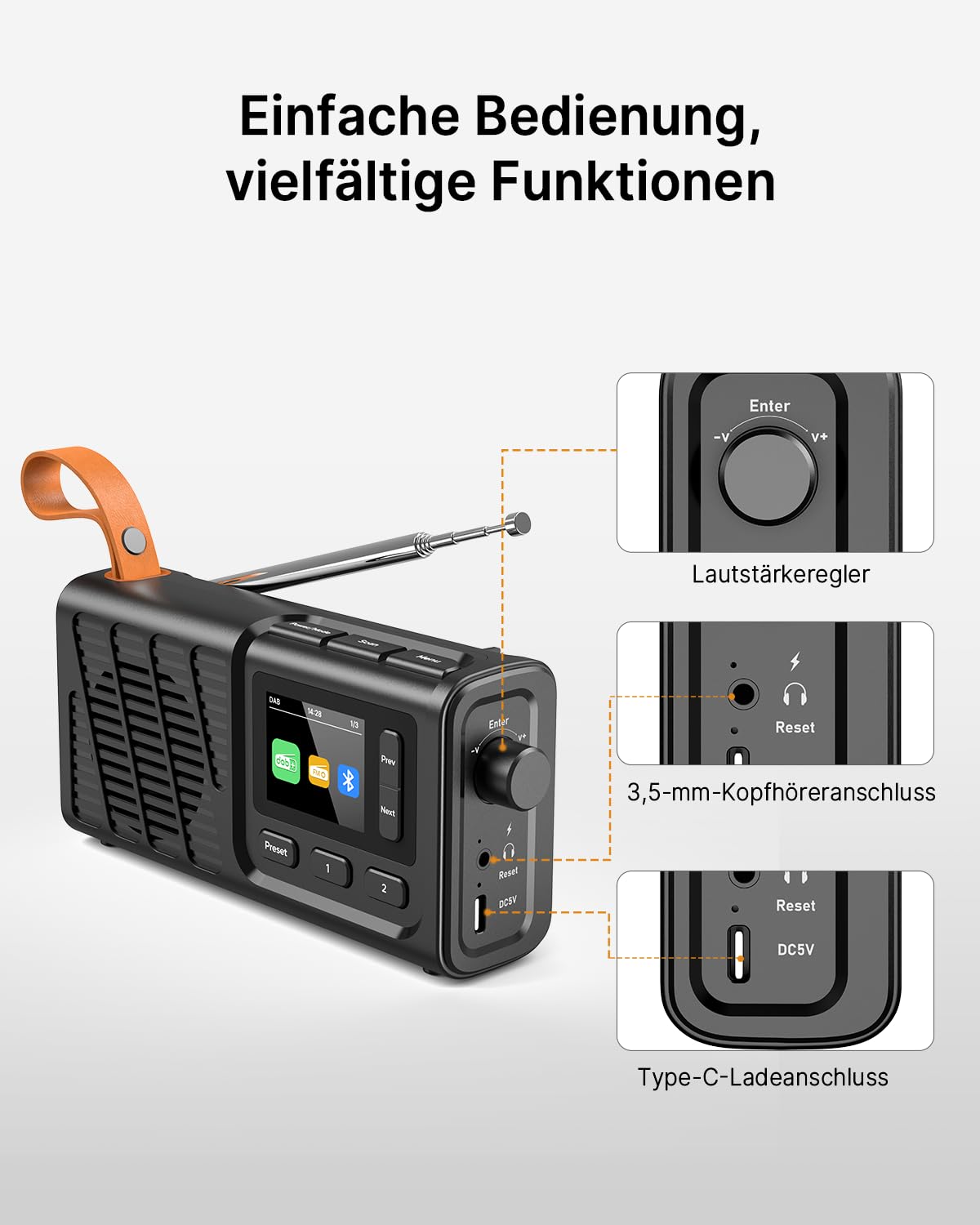 Tragbares DAB+/FM Radio mit Bluetooth, Küchenradio mit Kabel oder 2200mAh Akkubetrieb, UKW Digitalradios mit Kopfhöreranschluss, Dual Wecker, 40 Voreingestellte, Farbdisplay