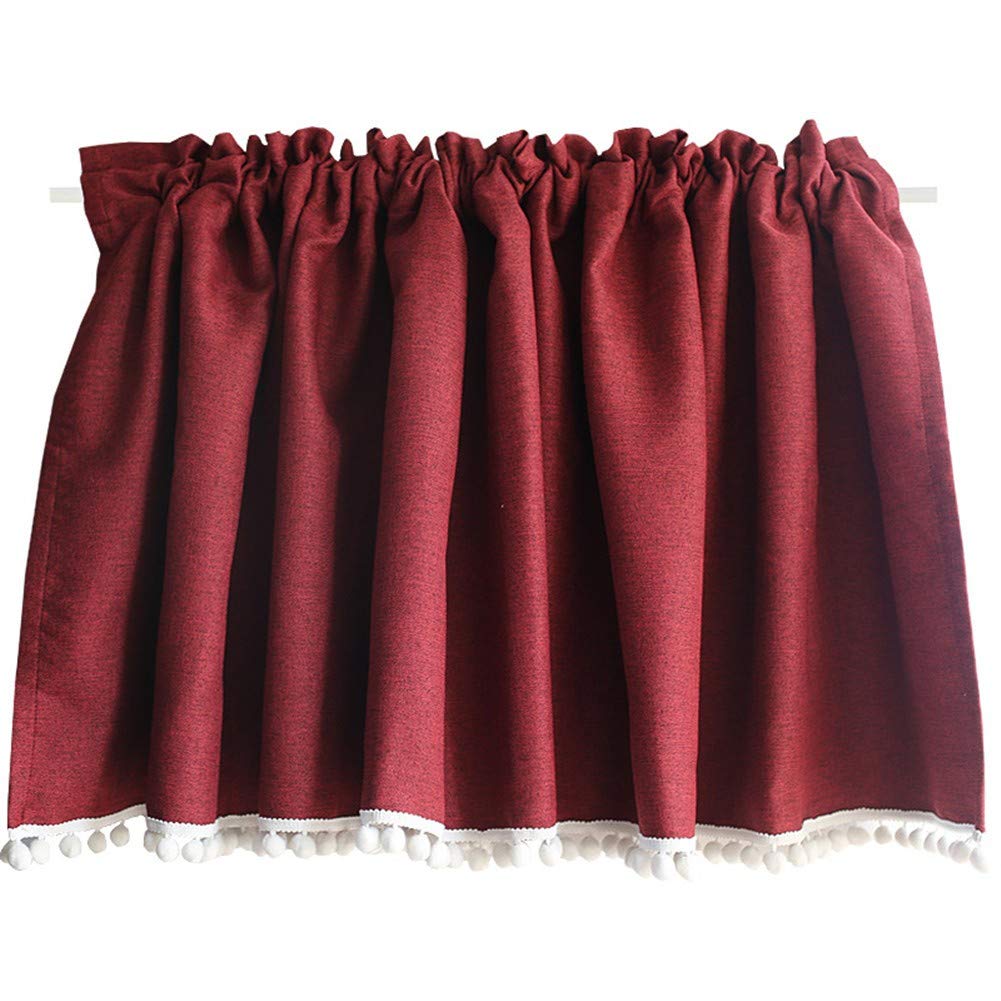 Media cortina rUrEu de café en poliéster y algodón hecha a mano con pompones (130x60 cm)
