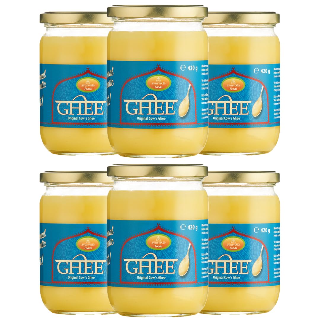 Ayurveda Foods - Premium traditional & authentic Ghee 6er Set à 420g, sehr lange Haltbarkeit, Brat- Kochfett
