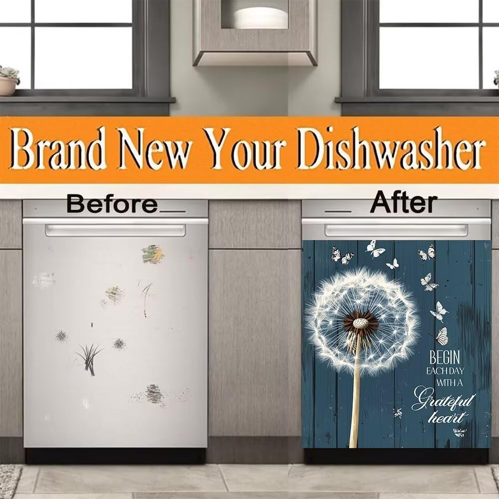 Dandelion and Butterflies on Wood Background Pattern Dishwasher Magnetic Sticker Vinyl Decor,Front Door Magnet Cover for Home Appliances Dishwasher Refrigerator Cupboard 23W x 26H inchs
