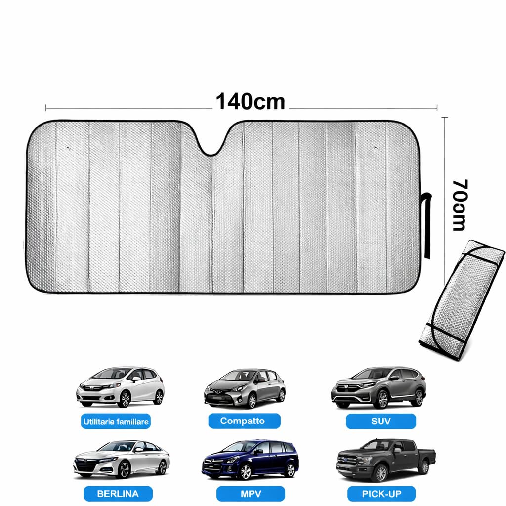 Parasole Auto Parabrezza Interno Pieghevole - Coprisole Auto UV con Ventose e Elastici, Protezione Solare per Cruscotto e Sedili, Universale per Auto SUV e Furgoni (Argento)