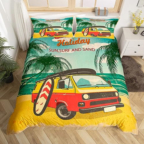 Travel Bus Duvet Cover Holiday Camping Trip Car Bedding Set for Kids Boys Girls Teens Tropical Leaves Yellow Comforter Cover 3Pcs Zipper Double Size