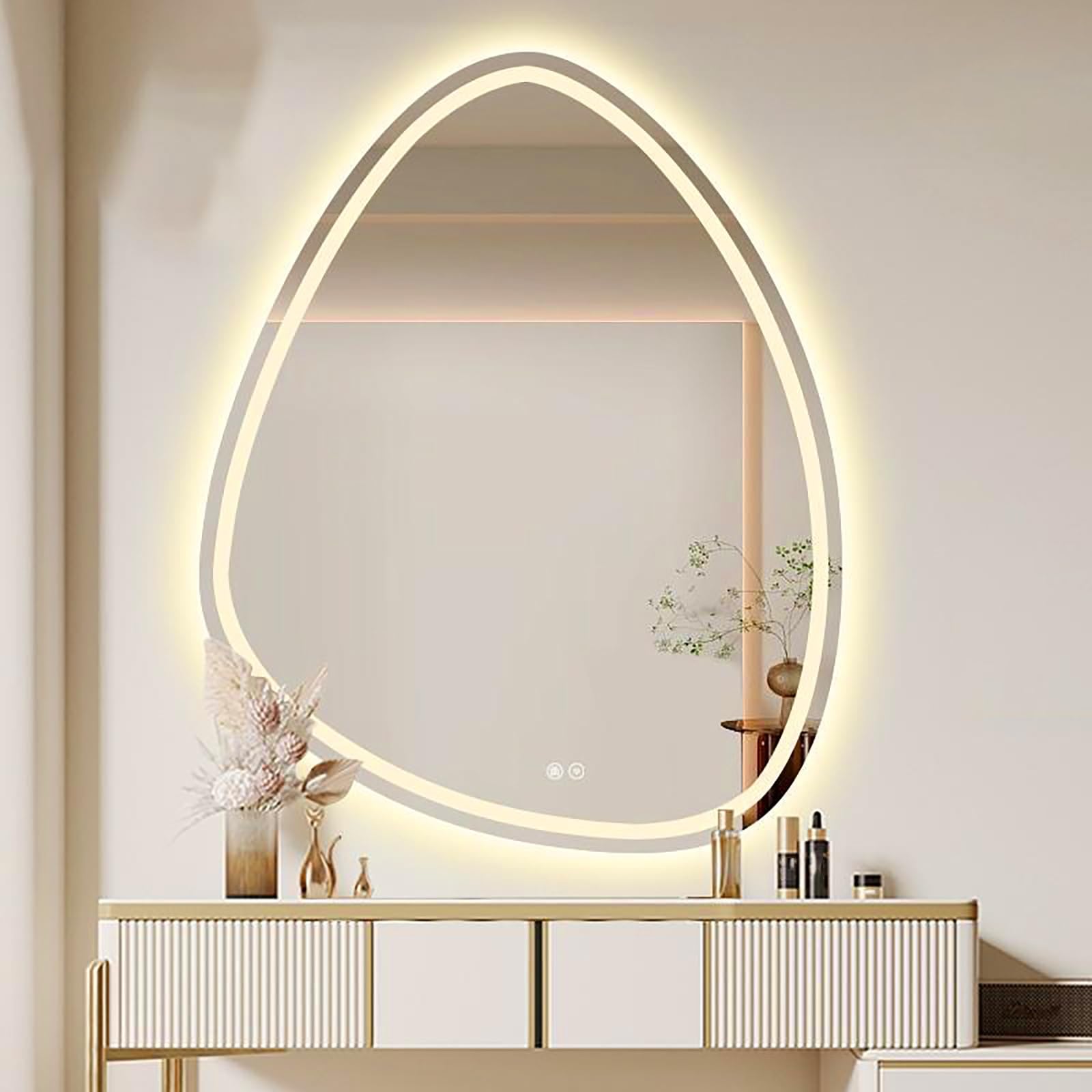 WJFTODAY LED Touch Anti-Fog Bathroom Mirror - Waterdrop Shape, HD Explosion-Proof, 3-Color Lighting, Available in 40x60cm, 50x70cm, 60x80cm, 70x90cm - Modern Wall Decor for Stylish Bathrooms