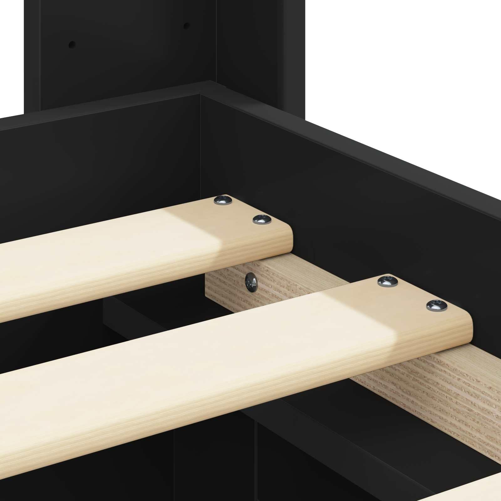 Rama de cama con almacenamiento y cabecero Negro 200 x 200 cm estructura de cama moderna con compartimentos de almacenamiento integrados para dormitorio, marco de madera montaje, uso interior