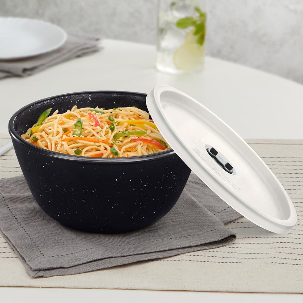 Borosil 1.5 L Serving & Mixing Bowl with Lid | Made in India Borosilicate Glass Bowl for Kitchen & Dinning | Bowl for Mixing Dough, Salad, Batter | Microwave & Dishwasher Safe (Pebble Black)
