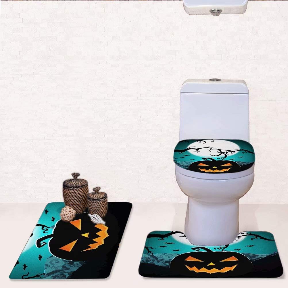 FOR U DESIGNS Halloween Bathroom Rug Set 3PCS Non-Slip Soft Absorbent Toilet Seat Cover & Contour Mat Spooky Jack-O'-Lantern Festive Decor Bath Mats Machine Washable