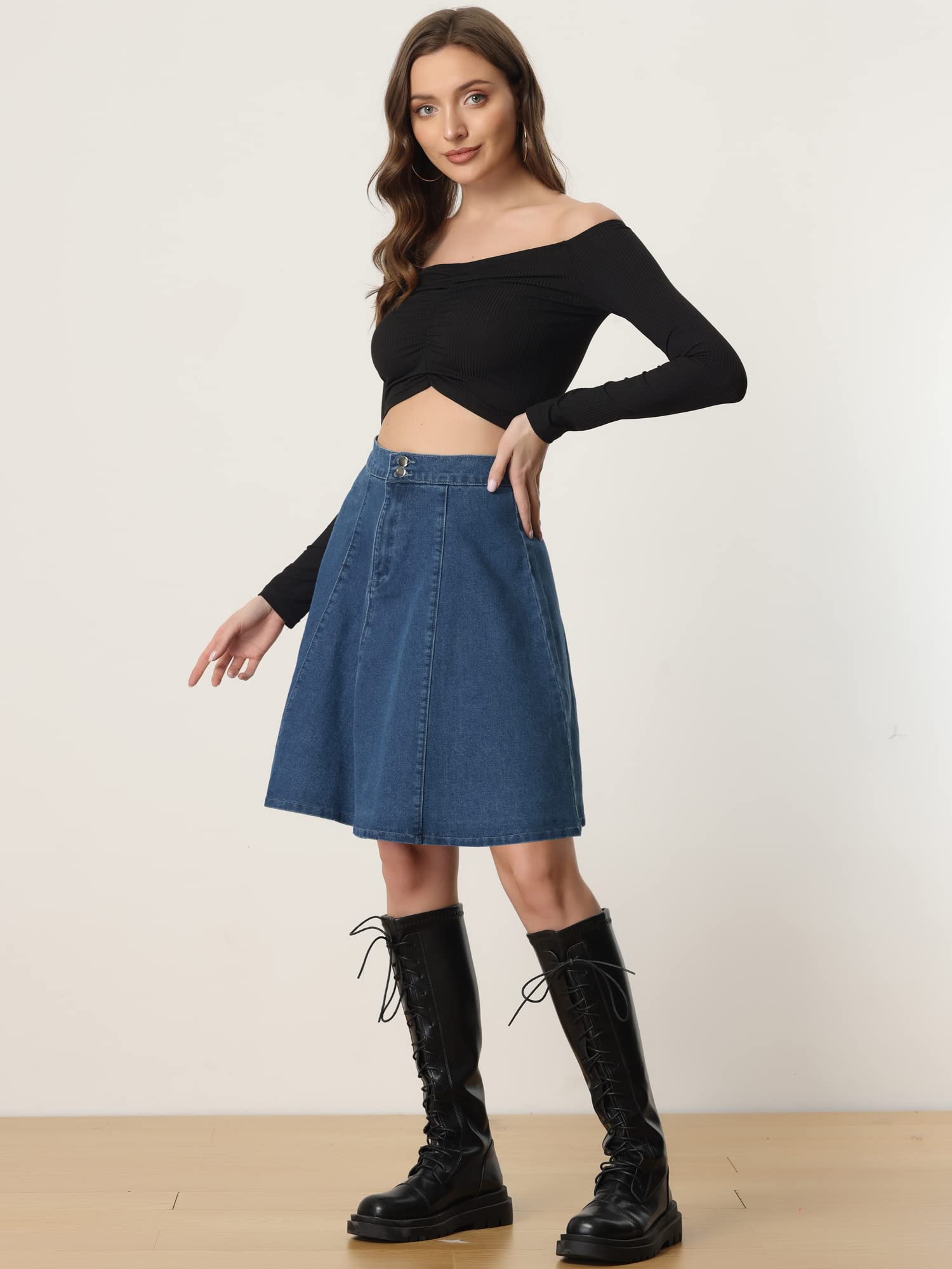 Allegra K Jupe en jean décontractée, évasée, longueur genou, extensible, taille haute | Dos élastique, taille haute, longueur au-dessus du genou, plissé évasé, style Y2K, décontracté, travail, usage quotidien
