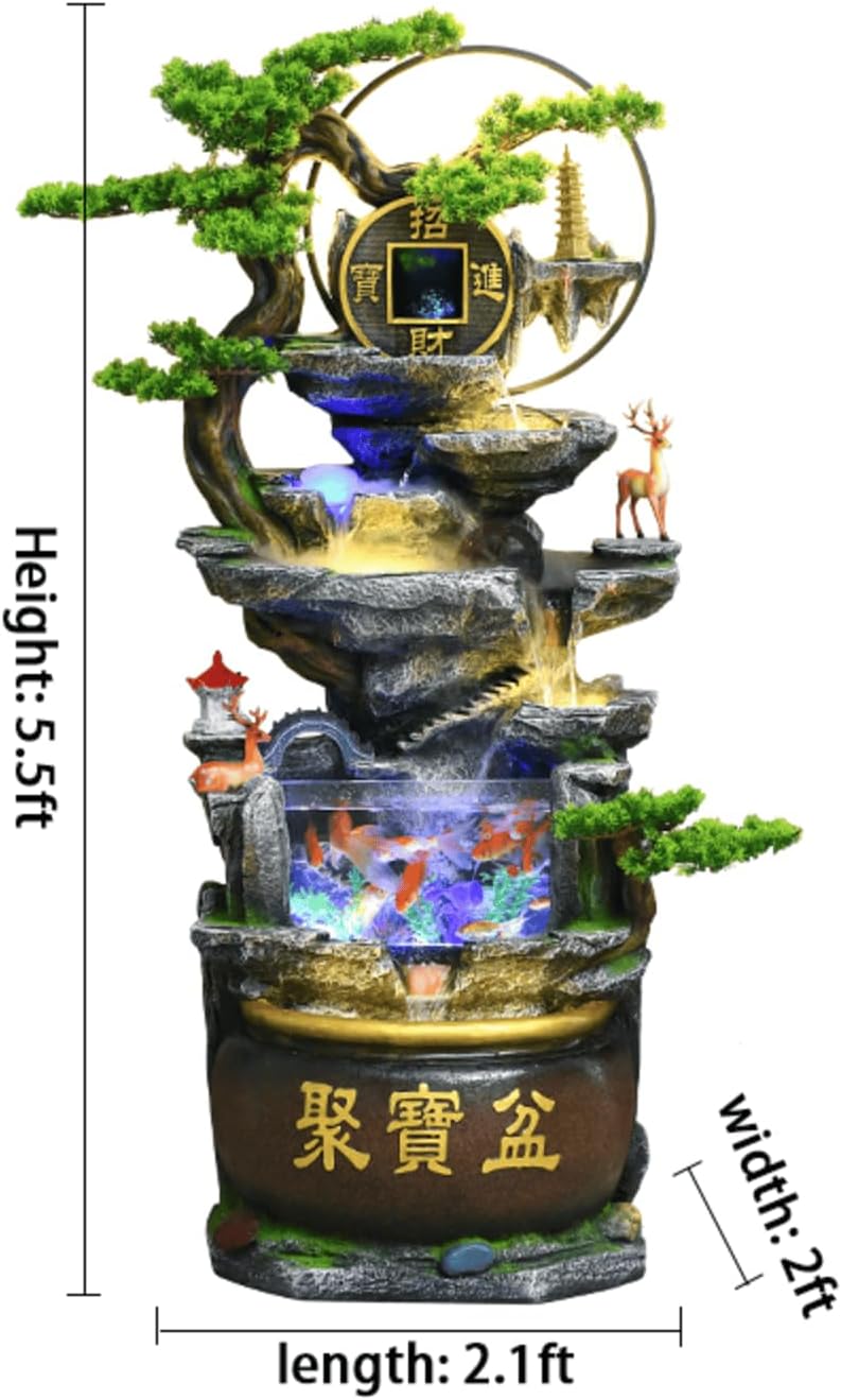 Water Fountain with Tree and Fish Tank - Feng Shui Bonsai Decor for Wealth and Prosperity - Cascading Water Feature for Home, Office, and Lobby (Large)