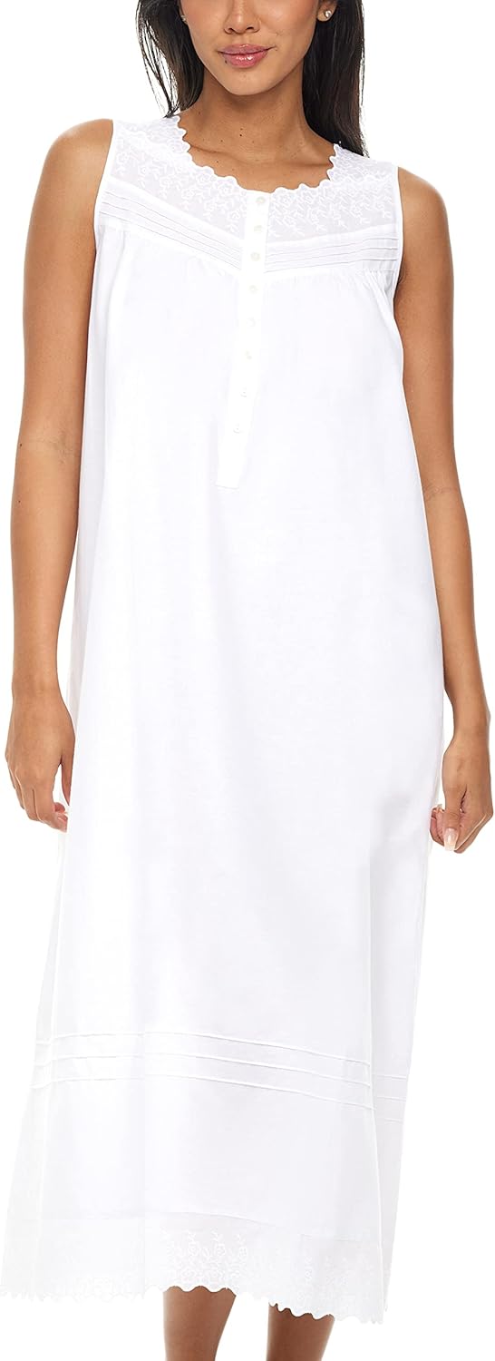 Alexander Del Rossa Cotton Nightgowns for Women, Long Sleeveless Nightgowns for Women Soft Cotton