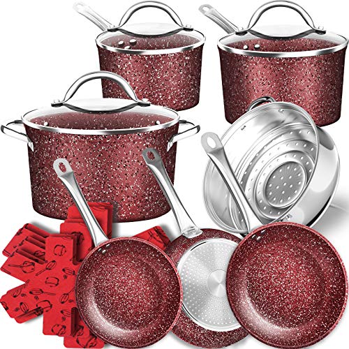 DF 16-Piece Ultra Non-Stick Pots and Pans SetStone Induction Cookware SetGranite Kitchenware With Cool HandlesDurable Scratch Resistance Marble CoatingOven&Dishwasher SafeRedMothers Day Gift