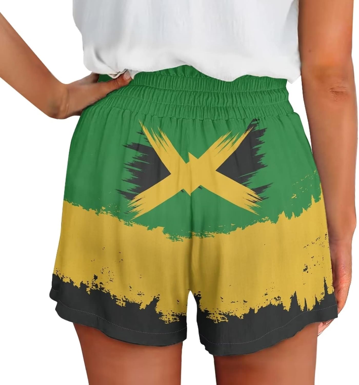 POLERO Jamaica Flag Shorts for Women Trendy Summer Elastic Waist Shorts Pocketed Pants Casual Beach Shorts