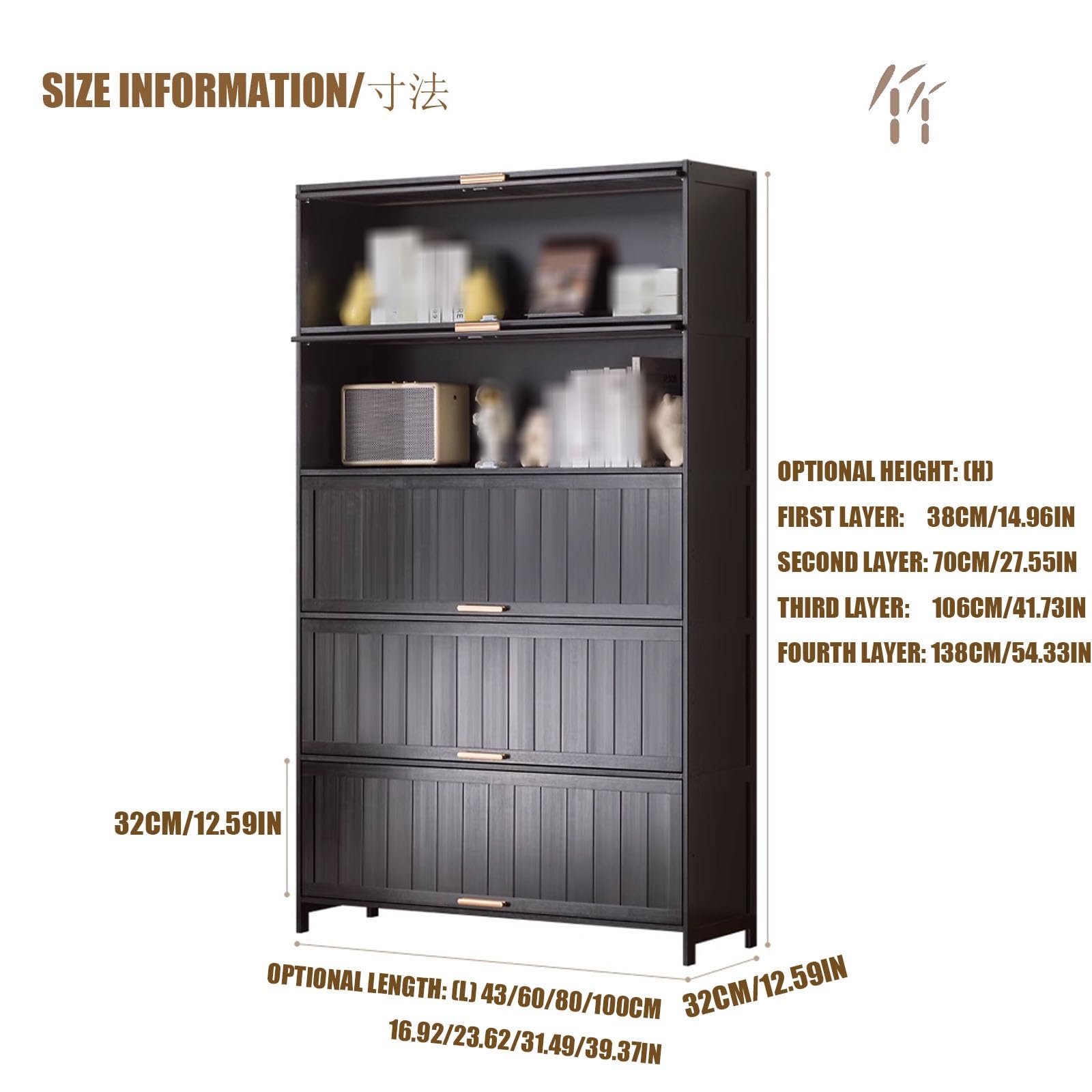Bambus-Vitrine mit Acryltür, 4 Etagen, freistehend, Küche, Speisekammer, Lagerung, starke Tragfähigkeit, leicht zu reinigen, L 43 cm x H 70 cm
