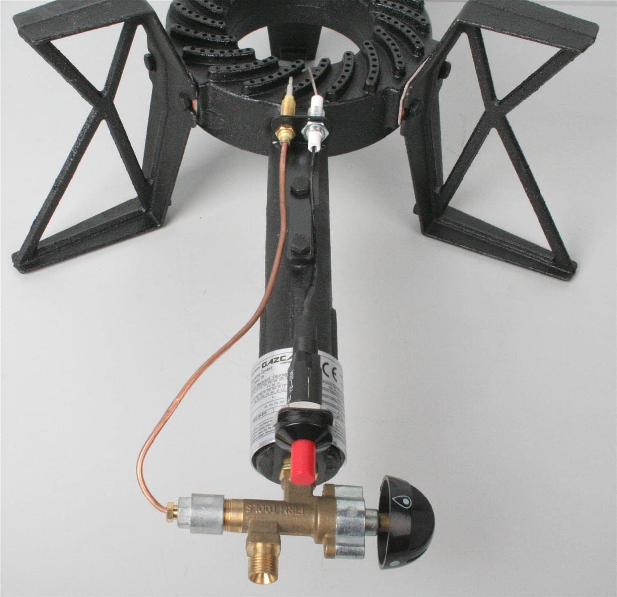 Hockerkocher 7,5 kW Gaskocher bis 100 kg belastbar Piezozündung Zündsicherung 50 mBar Schlauch Regler 5 kg 11 kg Gasflasche Wok (+5kg Gasflasche, Schlauch, Regler, Flaschenschlüssel (leer/ungefüllt))
