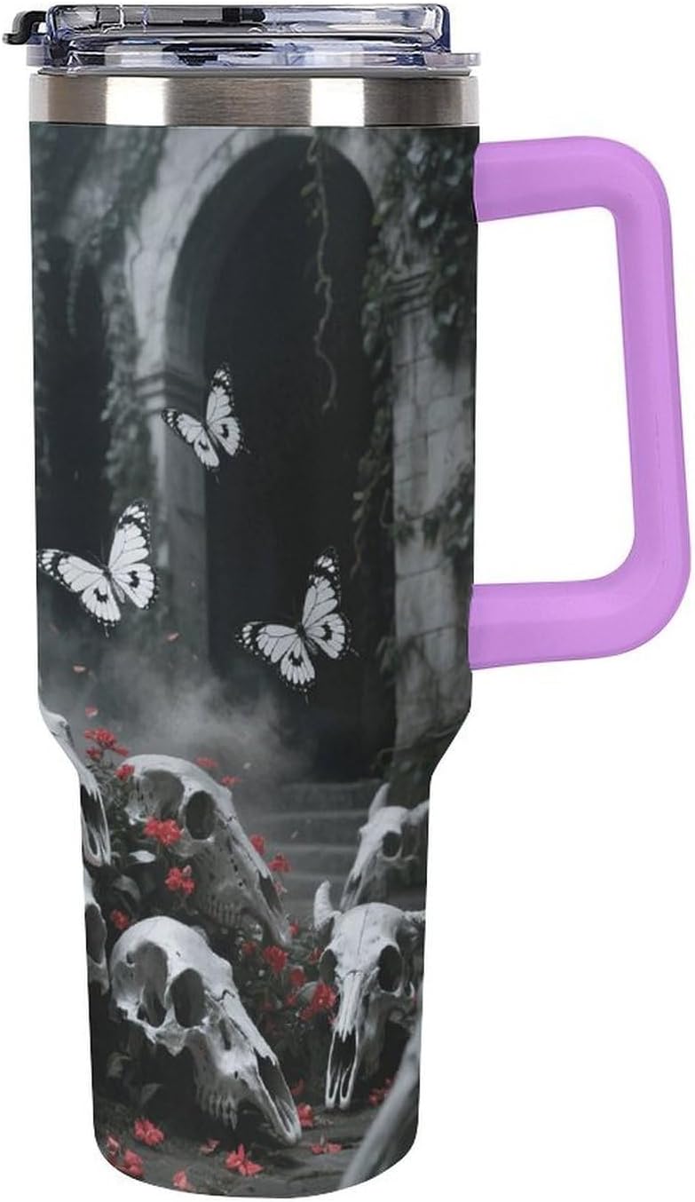 40 Oz Stainless Steel Tumbler with Straw - Leakproof Lid | BPA-Free | Cup Holder Friendly, Skulls Butterfly Coffee Cup Vacuum Insulated Travel Mug for Hot & Cold Drinks