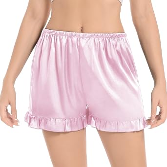 ZEEREE Womens Ruffle Lounge Short Pants Satin Silk Pajama Bottoms Elastic Waist Nightwear Loungewear Pajama Shorts