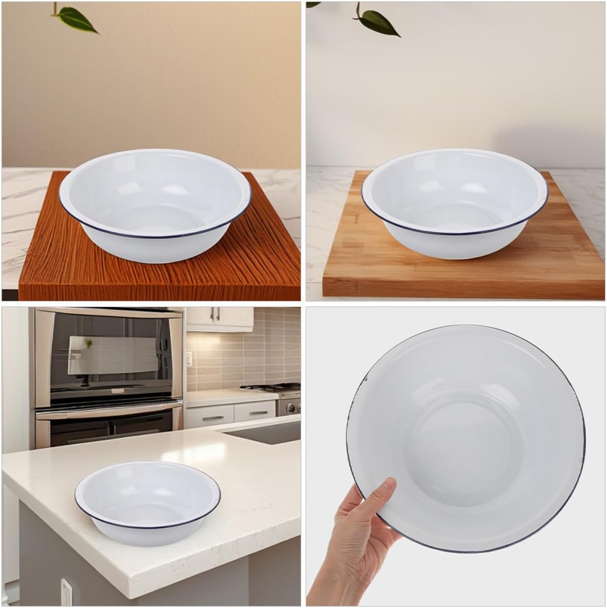 GLEAVI Retro Enamel Basin 36cm Thickened White Porcelain Enamel Mixing Bowl Large Capacity Soup and Wash Basin for Kitchen and Camping Use