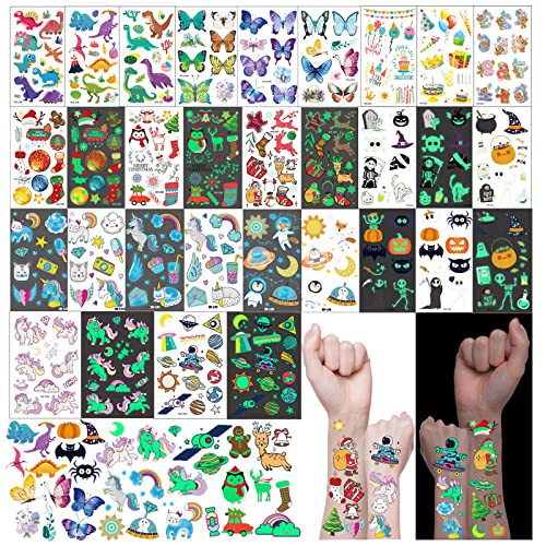 Glow In The Dark Temporary Tattoos For Kids Boys And Girls,Unicorn Butterfly Dinosaur Glitter Tattoo Sticker Mixed Style,Fake Individual Face Temp Tattoos For Birthday Party Favors And Festival #TOP7