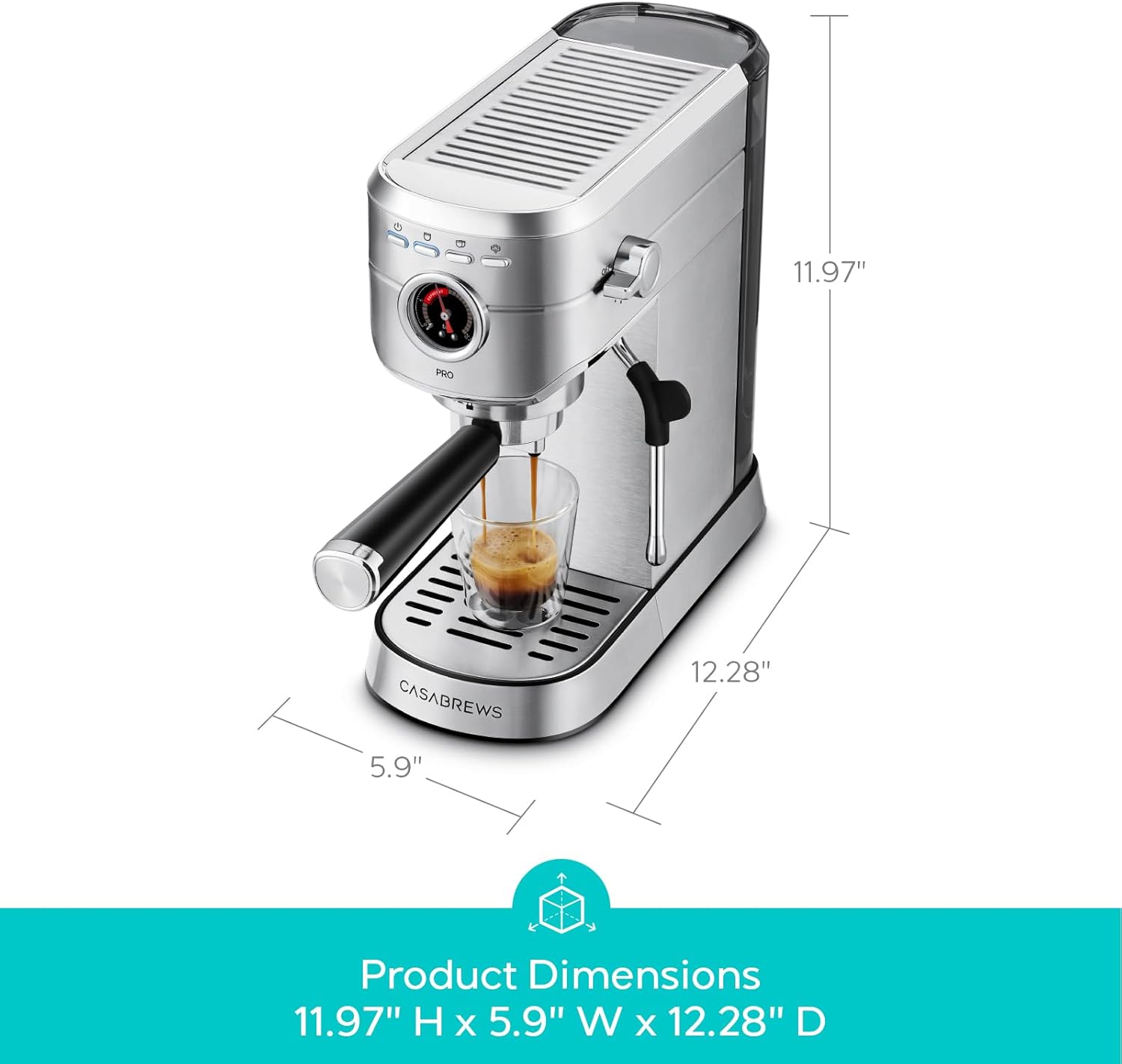 Diagram showing dimensions of the CASABREWS 5418 PRO Espresso Machine