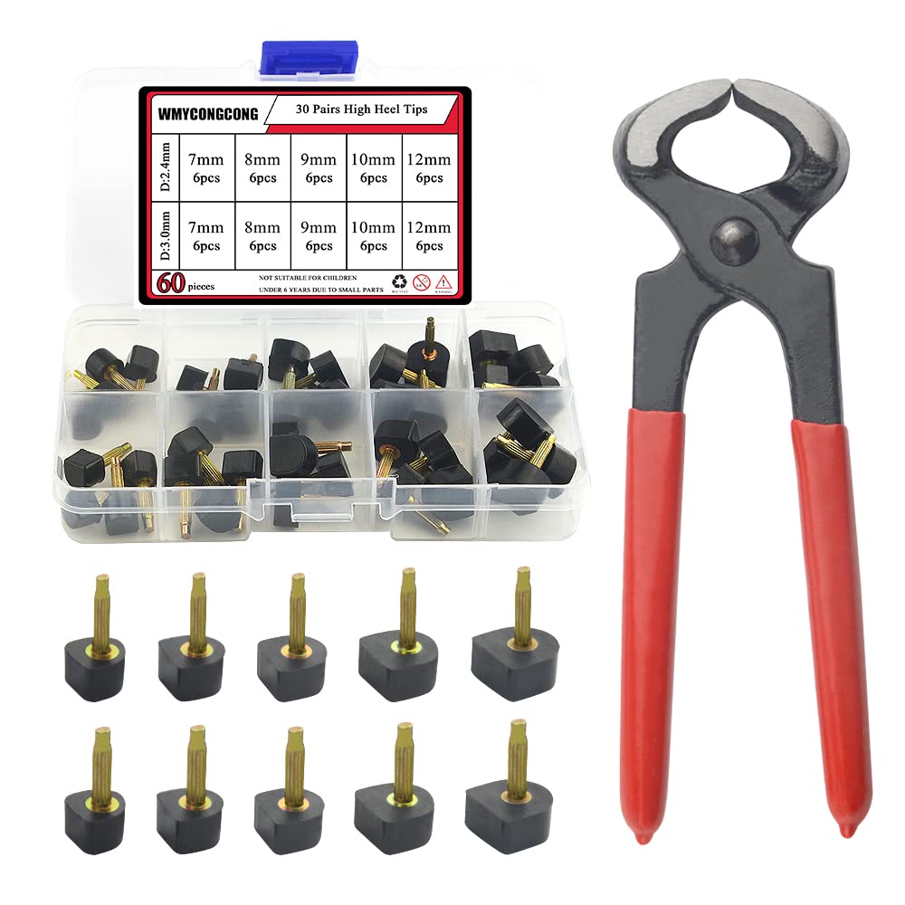 WMYCONGCONG 30 Pairs High Heel Tips Women Shoes Repair Tips Taps Heel Tips Replacement 7mm 8 mm 9 mm 10 mm 12 mm with Heel Pliers, U-Shape, Black