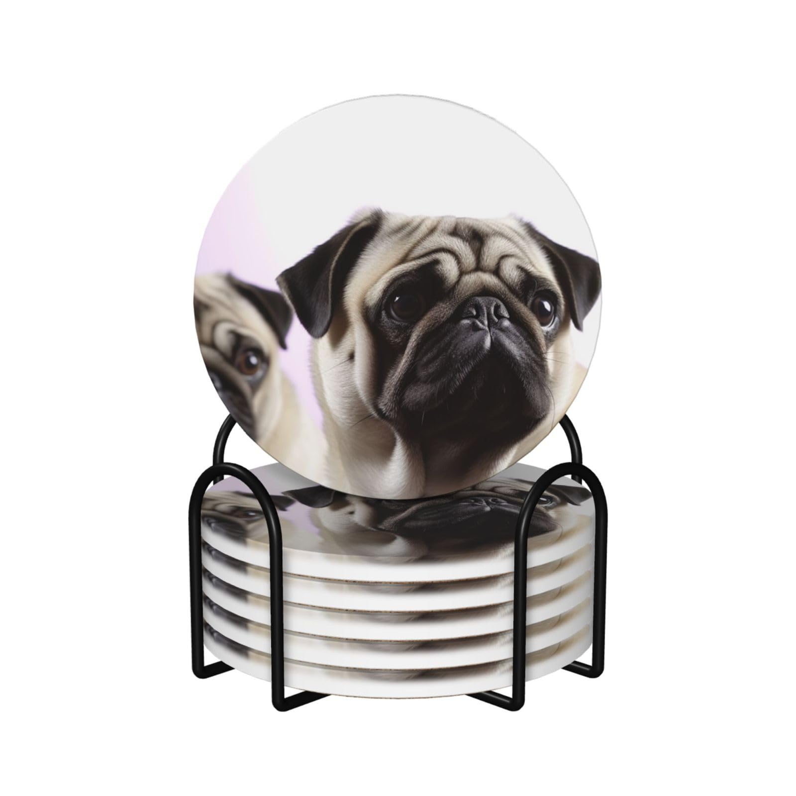6Pcs Ceramics Coaster for Drinks, Pug Dog Cup Coasters with Holder, Aesthetic Drink Coasters for Coffee Table, Absorbent Round Coaster for Tabletop Protection 4" Cup Mat Pad