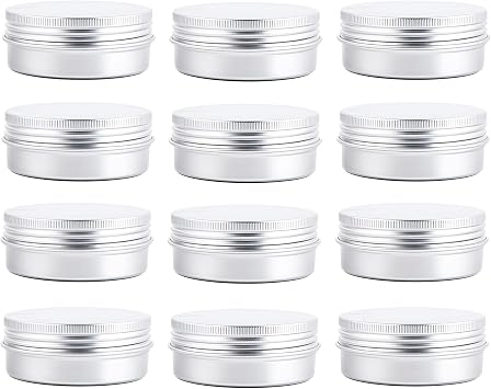 12 pcs of 2 Oz, 60 ML Gram Jar Cosmetic Sample Silver Aluminum Tins Empty Slip Slide Round Containers With Tight Sealed Twist Screwtop Cover Small Ounce for Lip Balm Make Up Eye Shadow Powder