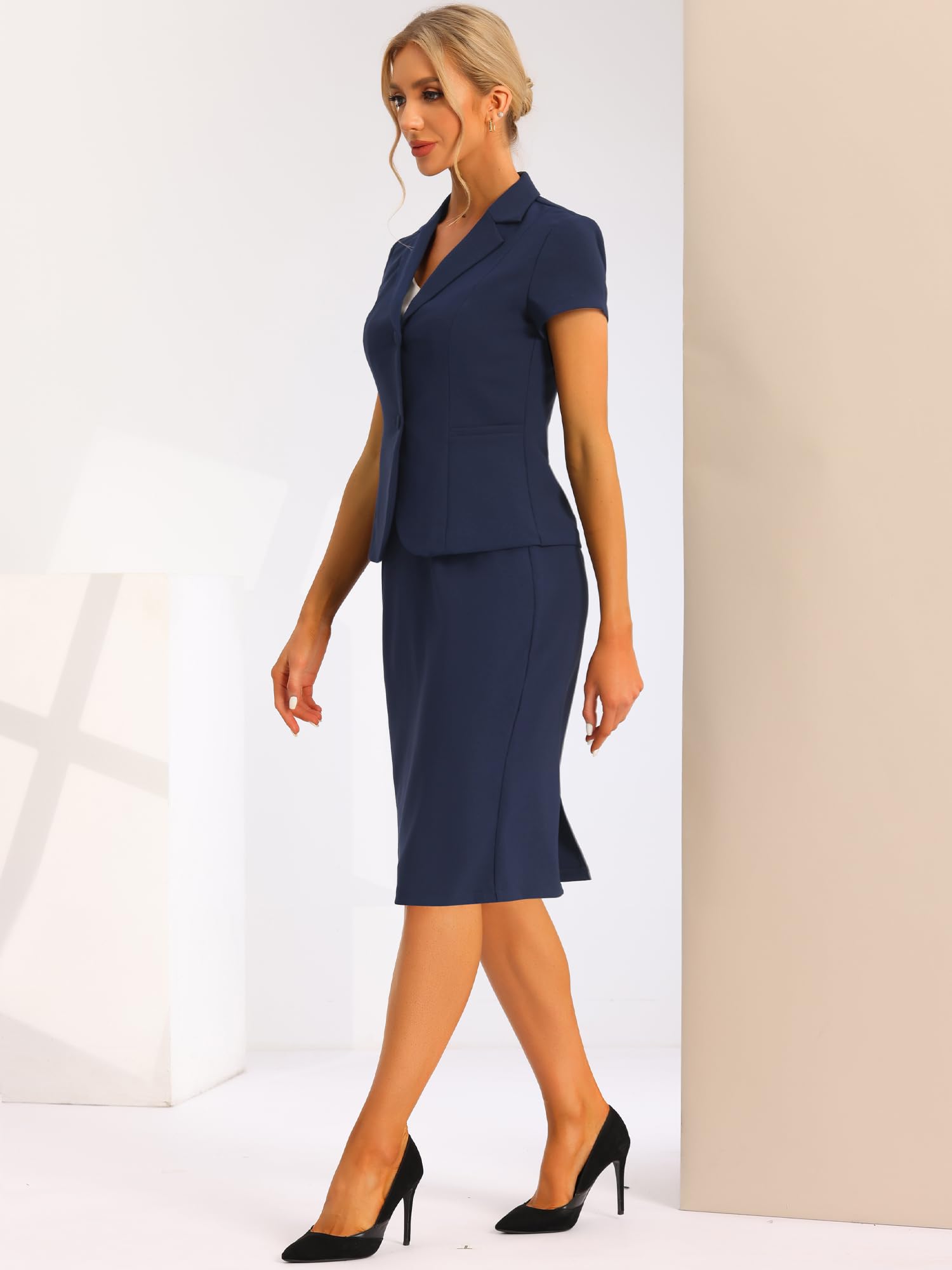 Allegra K Damen Kurzarm Elegant Business Kostüm Blazer Bleistiftrock 2-Teiliges Anzug-Set Dunkelblau XL