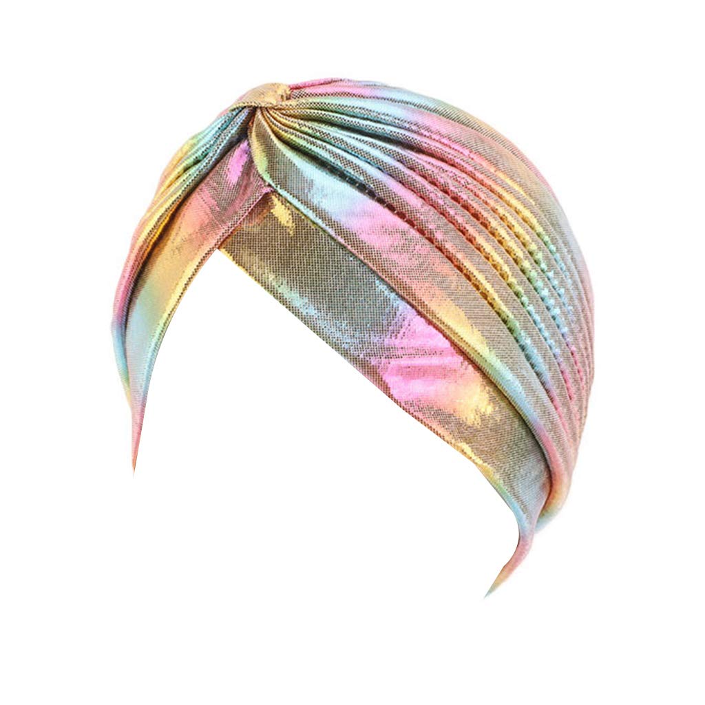 Khzen Women's Golden Rainbow Metallic Arab Turban Hat Twisted Front Pleated Headwrap Hijab Hair Loss Chemo