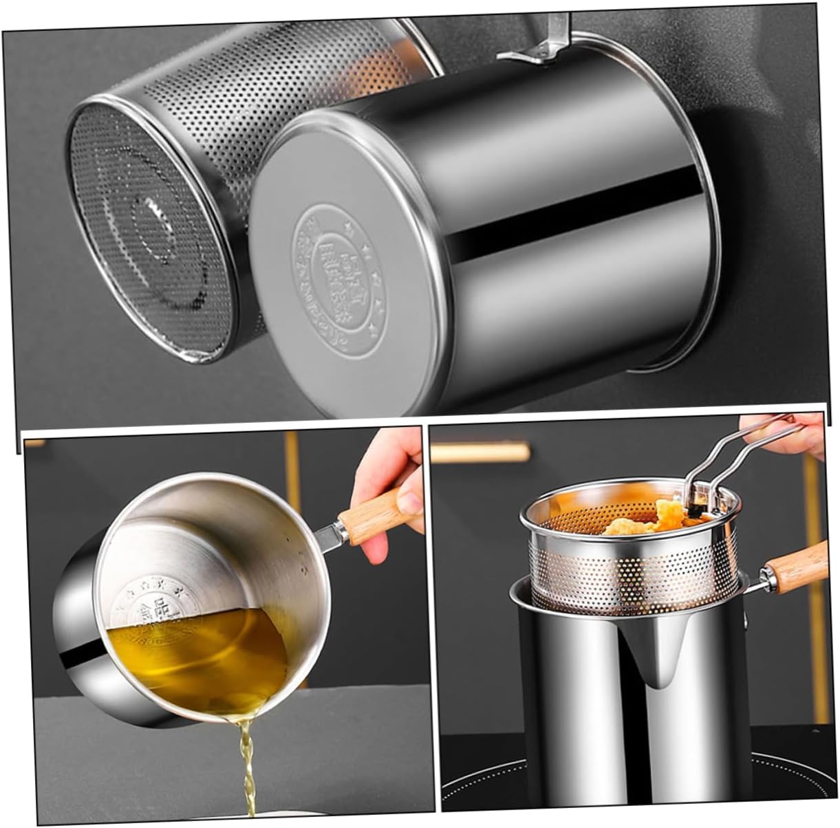 GLEAVI 1set Stainless Steel Deep Fryer Clip and Strainer for Deep Pot for Home Cooking Quick Heat Transfer for Efficient Frying for Parties and Daily Use